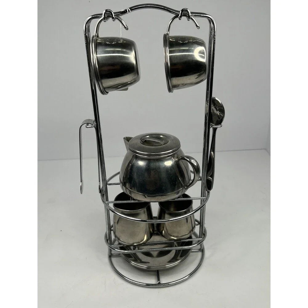 Vintage Polar Ware Stainless Steel Individual Teapot Set with Play Rack & Cups